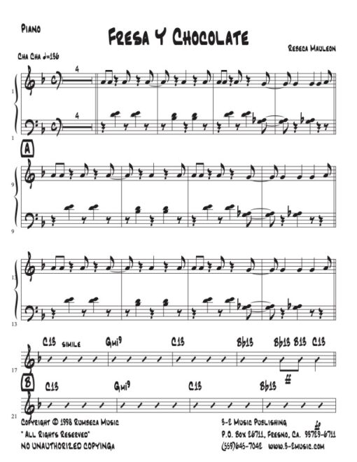 Fresa Y Chocolate piano (Download) Latin jazz printed sheet music www.3-2music.com composer and arranger Rebeca Mauleon combo (nonet) instrumentation
