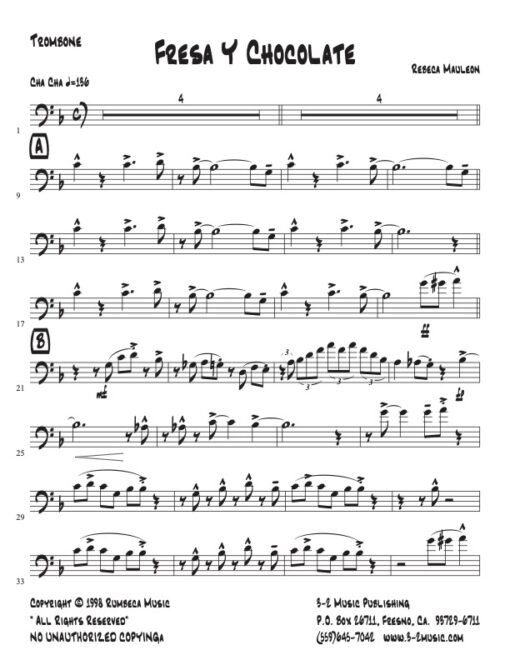 Fresa Y Chocolate trombone (Download) Latin jazz printed sheet music www.3-2music.com composer and arranger Rebeca Mauleon combo (nonet) instrumentation