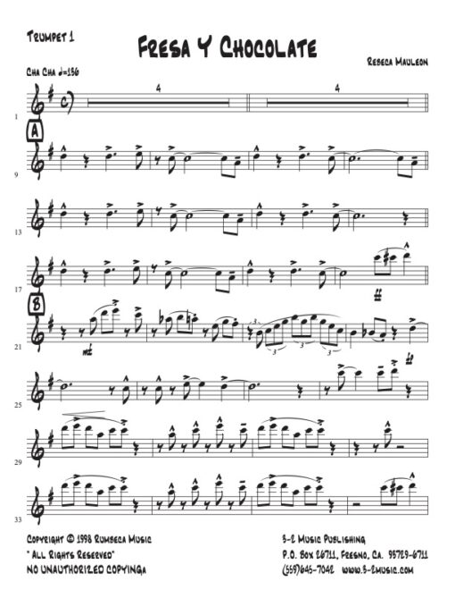 Fresa Y Chocolate trumpet 1 (Download) Latin jazz printed sheet music www.3-2music.com composer and arranger Rebeca Mauleon combo (nonet) instrumentation