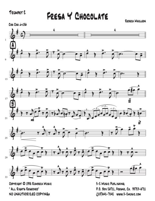 Fresa Y Chocolate trumpet 2 (Download) Latin jazz printed sheet music www.3-2music.com composer and arranger Rebeca Mauleon combo (nonet) instrumentation