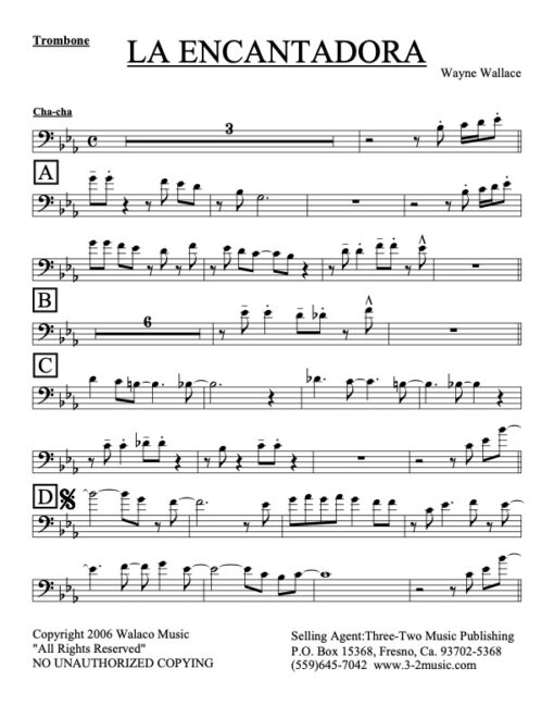 La Encantadora trombone (Download) Latin jazz printed sheet music www.32music.com composer and arranger Wayne Wallace combo (nonet) instrumentation