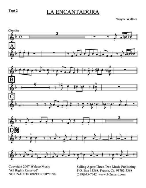 La Encantadora trumpet 2 (Download) Latin jazz printed sheet music www.32music.com composer and arranger Wayne Wallace combo (nonet) instrumentation