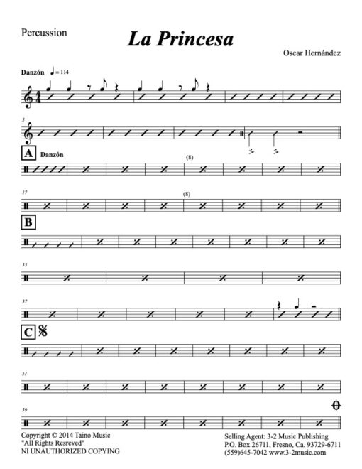 La Princesa V.1 percussion (Download) Latin jazz printed sheet music www.3-2music.com composer and arranger Oscar Hernández combo (tentet) instrumentation