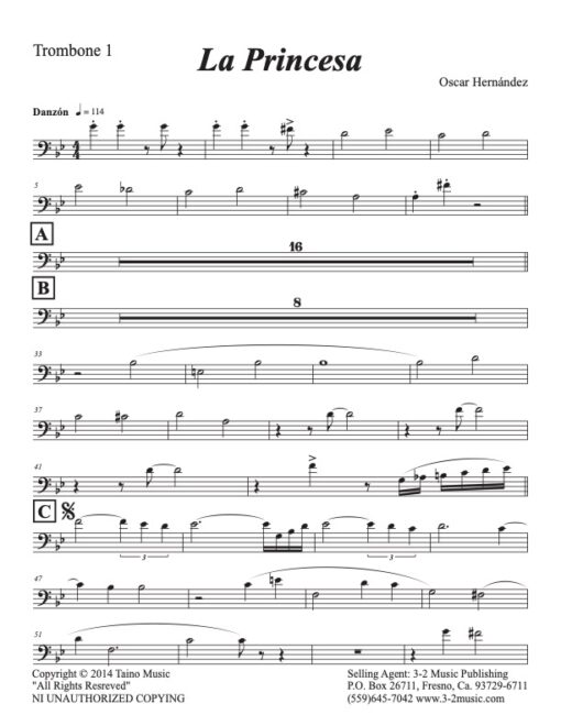 La Princesa V.1 trombone 1 (Download) Latin jazz printed sheet music www.3-2music.com composer and arranger Oscar Hernández combo (tentet) instrumentation