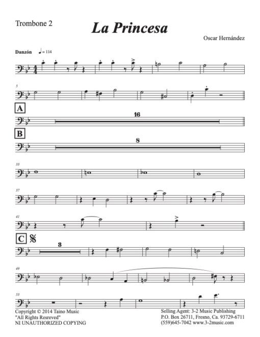 La Princesa V.1 trombone 2 (Download) Latin jazz printed sheet music www.3-2music.com composer and arranger Oscar Hernández combo (tentet) instrumentation