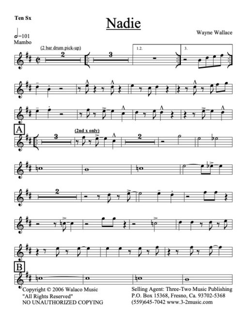 Nadie tenor (Download) Latin jazz printed sheet music www.3-2music.com composer and arranger Oscar Hernandez combo (tentet) instrumentation