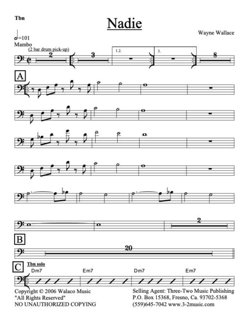 Nadie trombone (Download) Latin jazz printed sheet music www.3-2music.com composer and arranger Oscar Hernandez combo (tentet) instrumentation