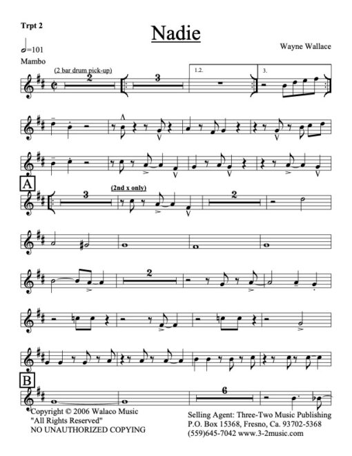 Nadie trumpet 2 (Download) Latin jazz printed sheet music www.3-2music.com composer and arranger Oscar Hernandez combo (tentet) instrumentation