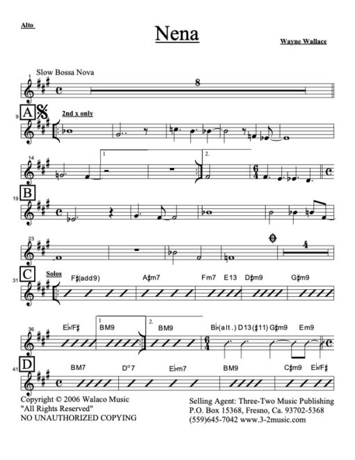 Nena alto (Download) Latin jazz printed sheet music www.3-2music.com composer and arranger Wayne Wallace combo (nonet) instrumentation