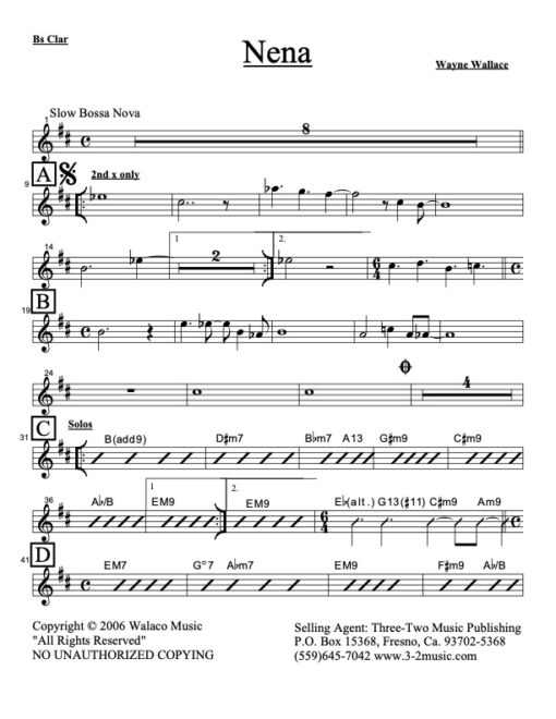 Nena bass clarinet (Download) Latin jazz printed sheet music www.3-2music.com composer and arranger Wayne Wallace combo (nonet) instrumentation