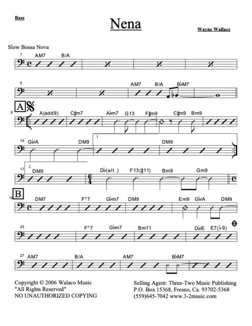 Nena bass (Download) Latin jazz printed sheet music www.3-2music.com composer and arranger Wayne Wallace combo (nonet) instrumentation