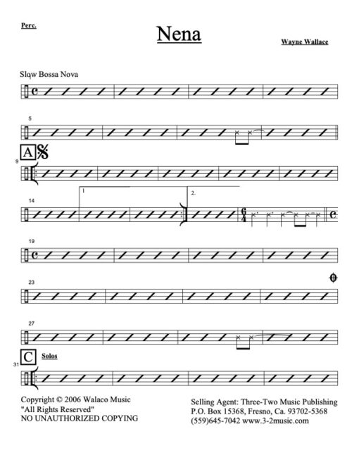 Nena percussion (Download) Latin jazz printed sheet music www.3-2music.com composer and arranger Wayne Wallace combo (nonet) instrumentation