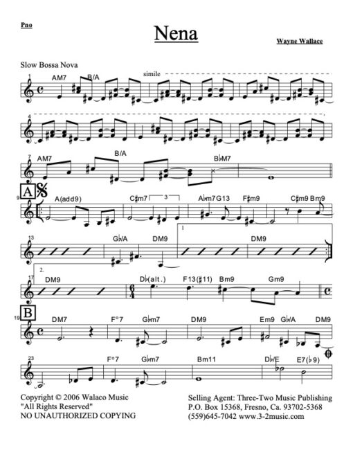Nena piano (Download) Latin jazz printed sheet music www.3-2music.com composer and arranger Wayne Wallace combo (nonet) instrumentation