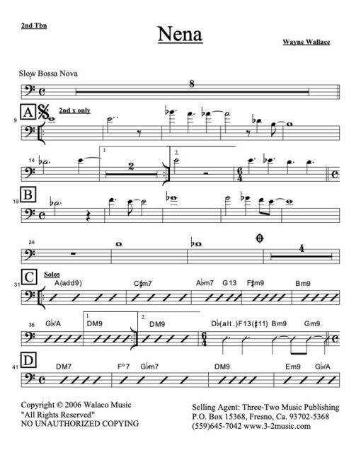 Nena trombone 2 (Download) Latin jazz printed sheet music www.3-2music.com composer and arranger Wayne Wallace combo (nonet) instrumentation