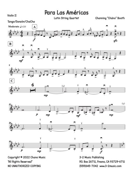 Para Las Americas violin II (Download) string quartet printed sheet music www.3-2music.com composer and arranger Channing Booth