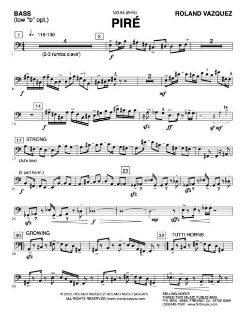 Piré bass (Download) Latin jazz printed sheet music www3-2music.com composer and arranger Roland Vazquez little big band instrumentation