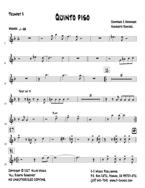 Quinto Piso trumpet 3 (Download) Afro Latin jazz printed sheet music www.3-2music.com composer and arranger Humberto Ramirez big band instrumentation