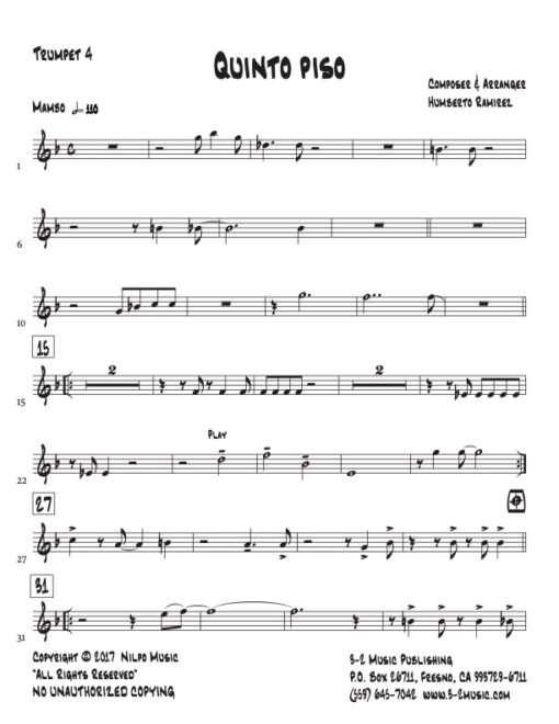 Quinto Piso trumpet 4 (Download) Afro Latin jazz printed sheet music www.3-2music.com composer and arranger Humberto Ramirez big band instrumentation