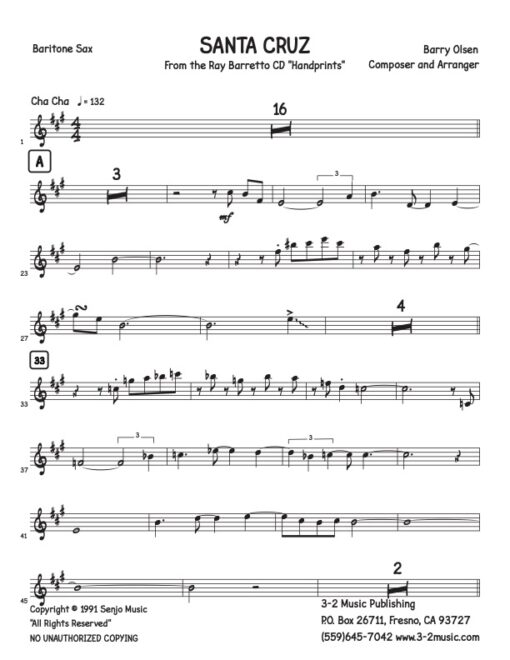 Santa Cruz bari (Download) Latin jazz printed sheet music www.3-2music.com composer and arranger Barry Olsen little big band instrumentation
