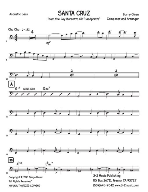 Santa Cruz bass (Download) Latin jazz printed sheet music www.3-2music.com composer and arranger Barry Olsen little big band instrumentation