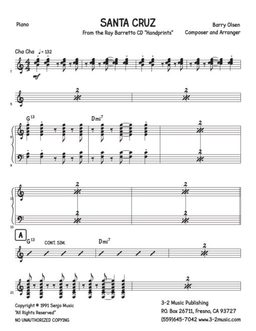 Santa Cruz piano (Download) Latin jazz printed sheet music www.3-2music.com composer and arranger Barry Olsen little big band instrumentation