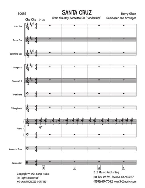 Santa Cruz score (Download) Latin jazz printed sheet music www.3-2music.com composer and arranger Barry Olsen little big band instrumentation