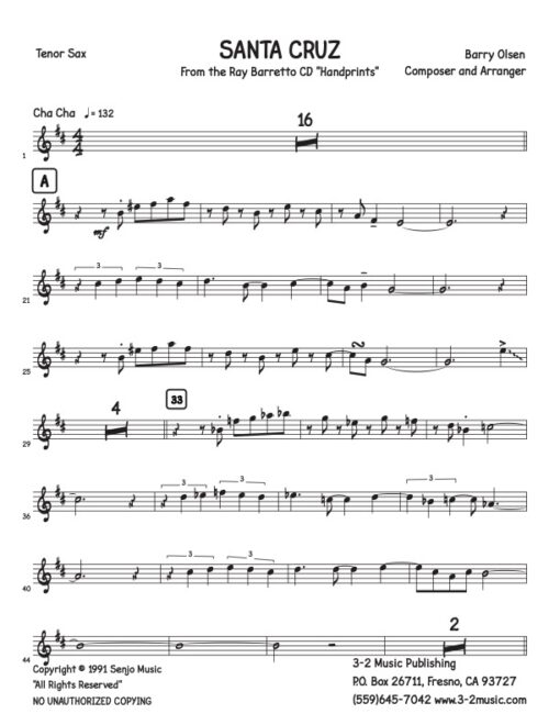 Santa Cruz tenor (Download) Latin jazz printed sheet music www.3-2music.com composer and arranger Barry Olsen little big band instrumentation