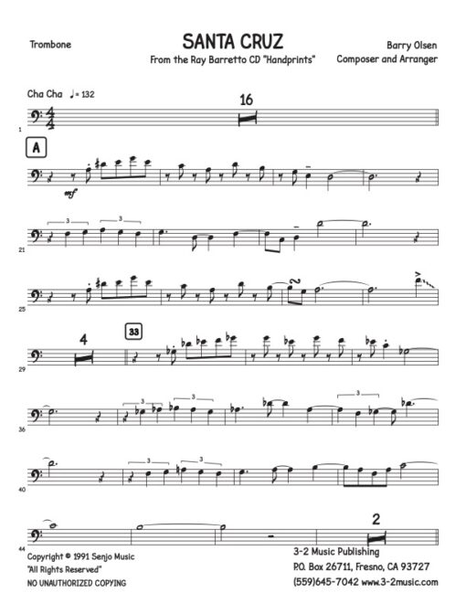 Santa Cruz trombone (Download) Latin jazz printed sheet music www.3-2music.com composer and arranger Barry Olsen little big band instrumentation