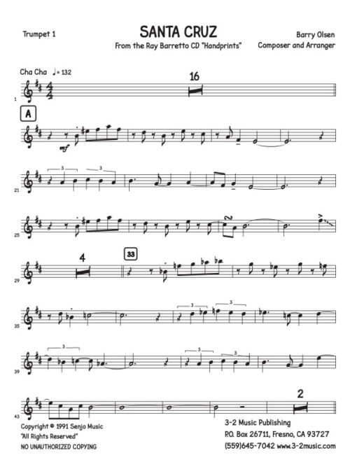 Santa Cruz trumpet 1 (Download) Latin jazz printed sheet music www.3-2music.com composer and arranger Barry Olsen little big band instrumentation