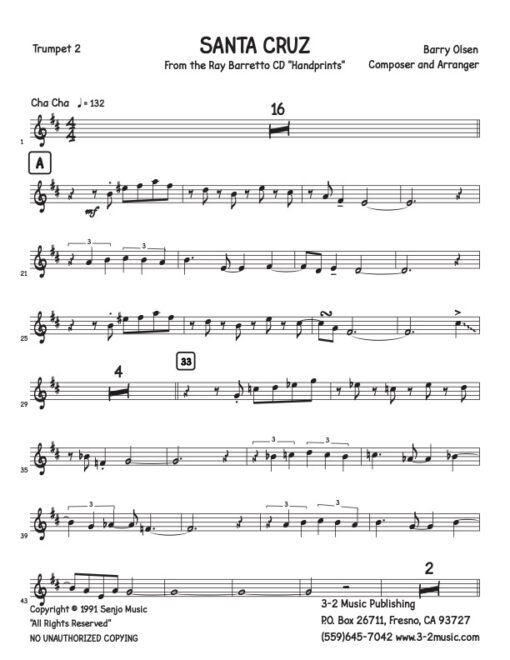 Santa Cruz trumpet 2 (Download) Latin jazz printed sheet music www.3-2music.com composer and arranger Barry Olsen little big band instrumentation