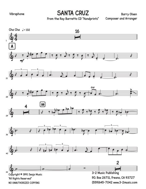 Santa Cruz vibraphone (Download) Latin jazz printed sheet music www.3-2music.com composer and arranger Barry Olsen little big band instrumentation