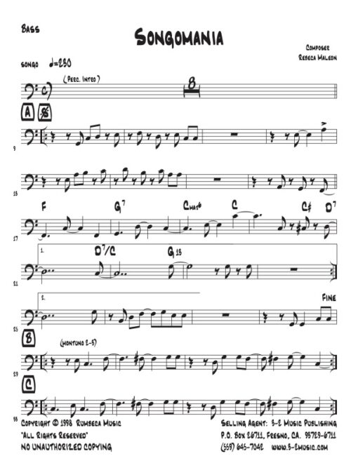 Songomania bass (Download) Latin jazz printed sheet music www.3-2music.com composer and arranger Rebeca Mauleón combo (nonet) instrumentation