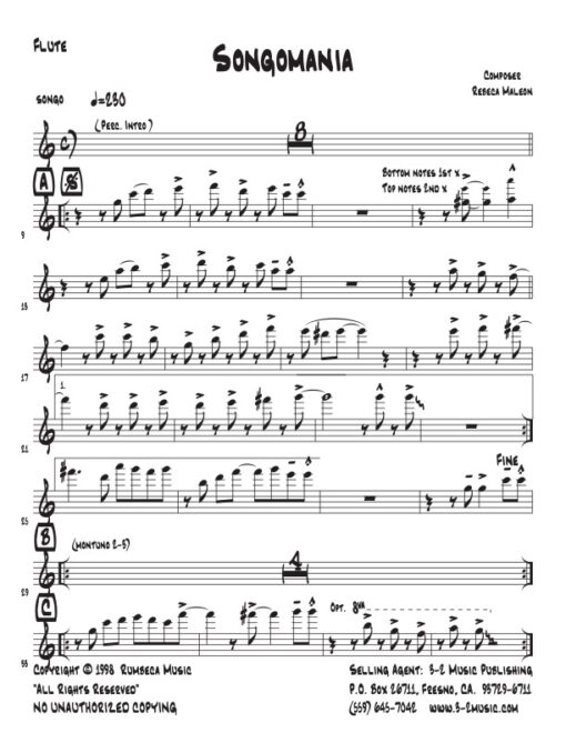 Songomania flute (Download) Latin jazz printed sheet music www.3-2music.com composer and arranger Rebeca Mauleón combo (nonet) instrumentation