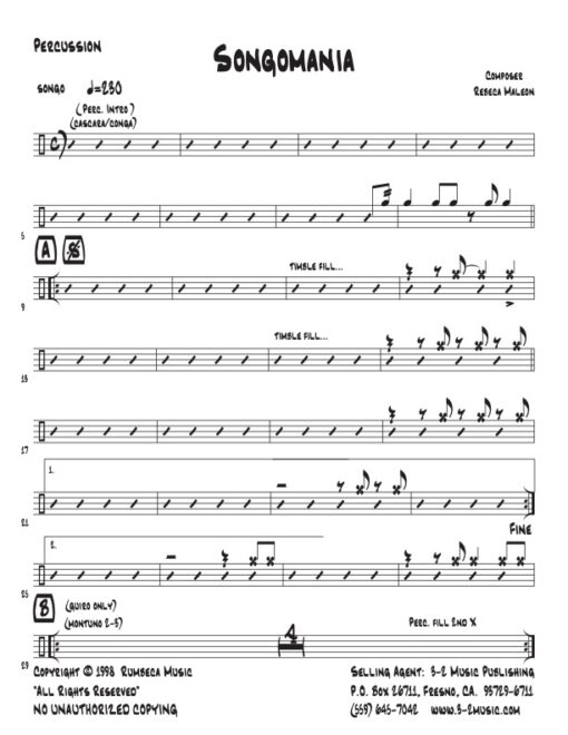 Songomania percussion (Download) Latin jazz printed sheet music www.3-2music.com composer and arranger Rebeca Mauleón combo (nonet) instrumentation