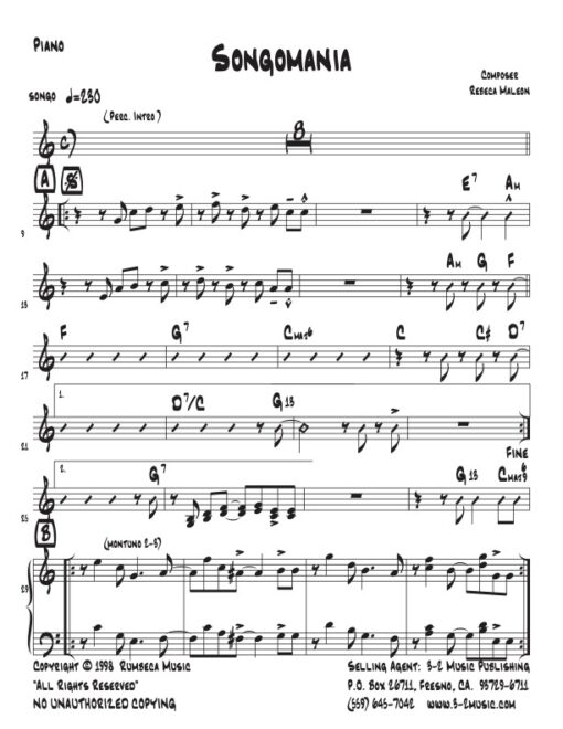Songomania piano (Download) Latin jazz printed sheet music www.3-2music.com composer and arranger Rebeca Mauleón combo (nonet) instrumentation