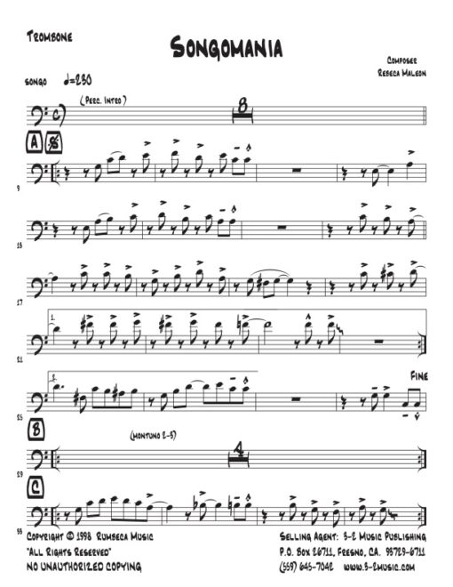 Songomania trombone (Download) Latin jazz printed sheet music www.3-2music.com composer and arranger Rebeca Mauleón combo (nonet) instrumentation
