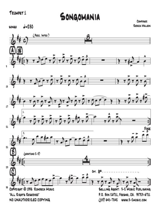Songomania trumpet 1 (Download) Latin jazz printed sheet music www.3-2music.com composer and arranger Rebeca Mauleón combo (nonet) instrumentation