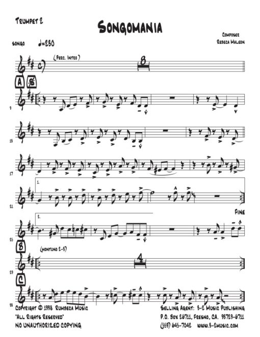 Songomania trumpet 2 (Download) Latin jazz printed sheet music www.3-2music.com composer and arranger Rebeca Mauleón combo (nonet) instrumentation