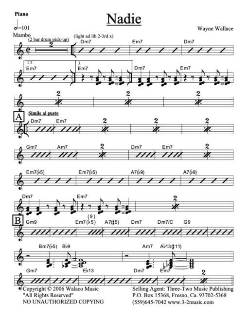 Nadie piano (Download) Latin jazz printed sheet music www.3-2music.com composer and arranger Oscar Hernandez combo (tentet) instrumentation