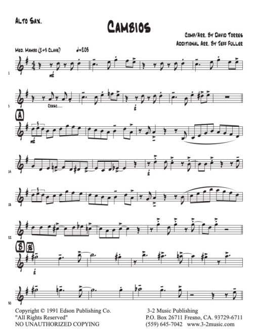 Cambios alto (Download) Latin jazz printed sheet music www.3-2music.com composer and arranger David Torres little big band instrumentation