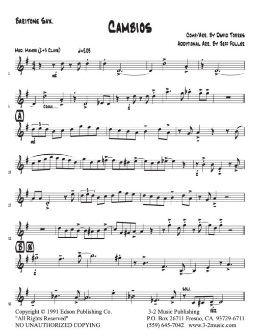 Cambios baritone (Download) Latin jazz printed sheet music www.3-2music.com composer and arranger David Torres little big band instrumentation