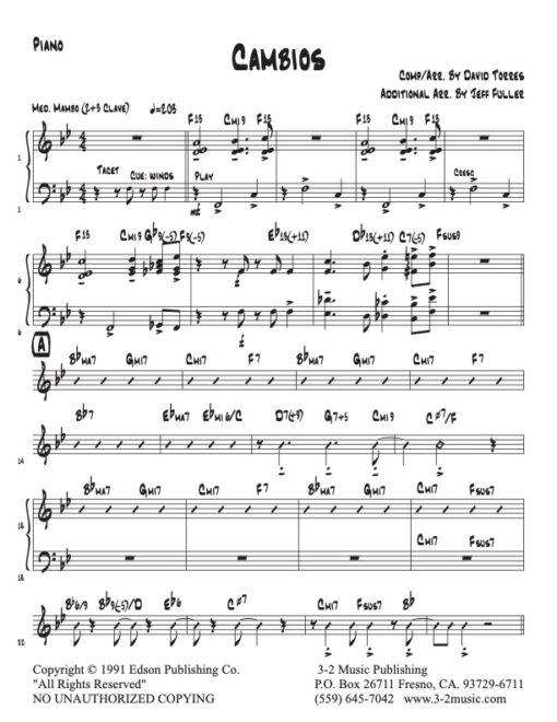 Cambios piano (Download) Latin jazz printed sheet music www.3-2music.com composer and arranger David Torres little big band instrumentation