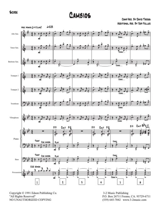 Cambios score (Download) Latin jazz printed sheet music www.3-2music.com composer and arranger David Torres little big band instrumentation