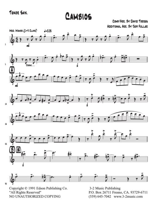 Cambios tenor (Download) Latin jazz printed sheet music www.3-2music.com composer and arranger David Torres little big band instrumentation
