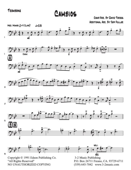Cambios trombone (Download) Latin jazz printed sheet music www.3-2music.com composer and arranger David Torres little big band instrumentation