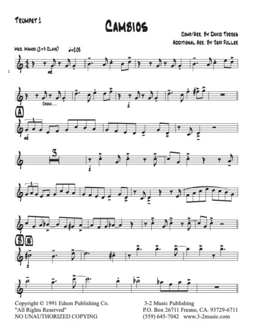 Cambios trumpet 1 (Download) Latin jazz printed sheet music www.3-2music.com composer and arranger David Torres little big band instrumentation