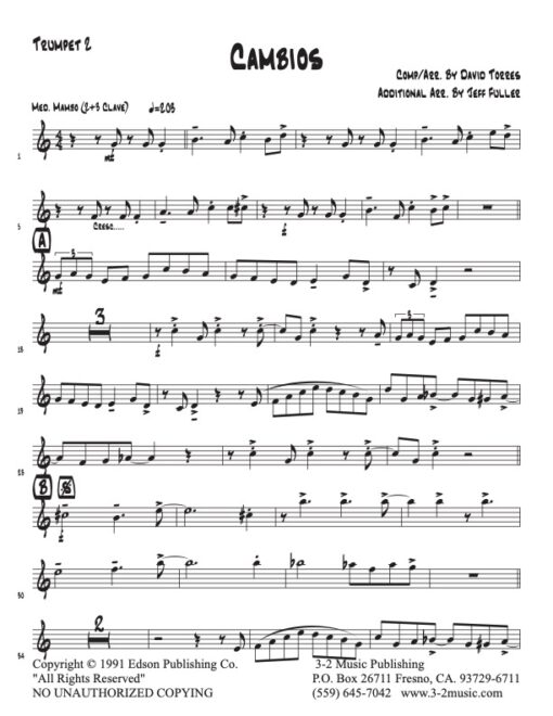 Cambios trumpet 2 (Download) Latin jazz printed sheet music www.3-2music.com composer and arranger David Torres little big band instrumentation
