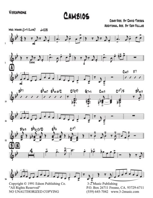 Cambios vibraphone (Download) Latin jazz printed sheet music www.3-2music.com composer and arranger David Torres little big band instrumentation