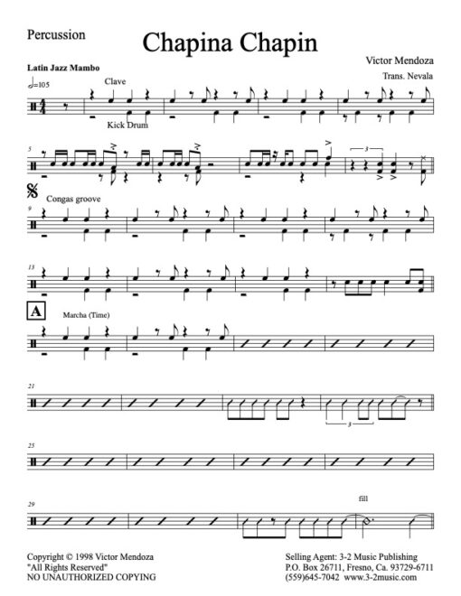 Chapina Chapin percussion (Download) Latin jazz combo sheet music www.3-2music.com composer and arranger Victor Mendoza combo (septet) instrumentation