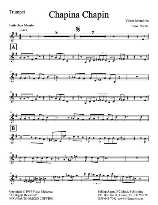 Chapina Chapin trumpet (Download) Latin jazz combo sheet music www.3-2music.com composer and arranger Victor Mendoza combo (septet) instrumentation